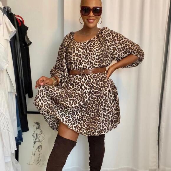 HM BOHO HIPPIE LIGHWEIGHT ANIMAL PRINT DRESS BROWN BLACK LARGE - Picture 5 of 6